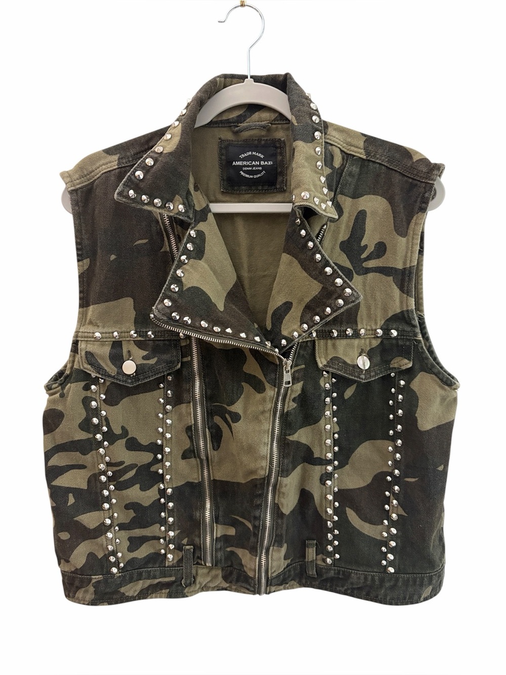 American Bazi Punk Olive Green Camo Studded Denim Vest Size Unisex XL Bikercore